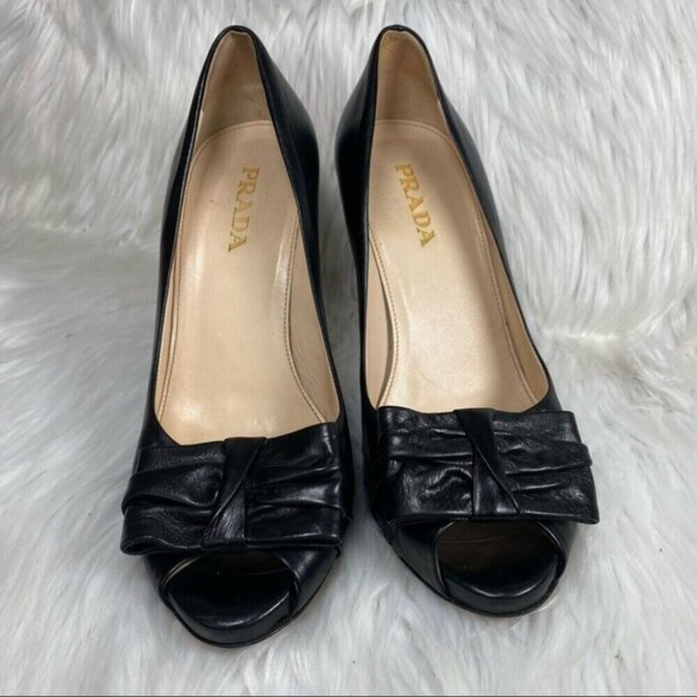 Prada Women's Black Minimalist Open Toe Bow Tie Designer Leather‎ Pump EU 37.5
